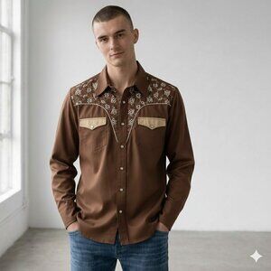 Vintage Sears Western Snap Button Shirt Brown Embroidered Cowboy Men's Large